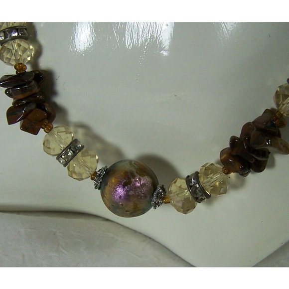 Tiger's Eye Stone Necklace Sphere Focal Two-strand Chips Rhinestone Rondelles - Picture 6 of 8